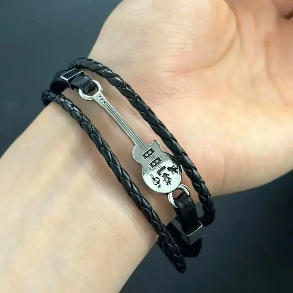 Leather Bracelet Guitar wrist Edgy Rock Bangle Stainless Black Stylish Music NEW